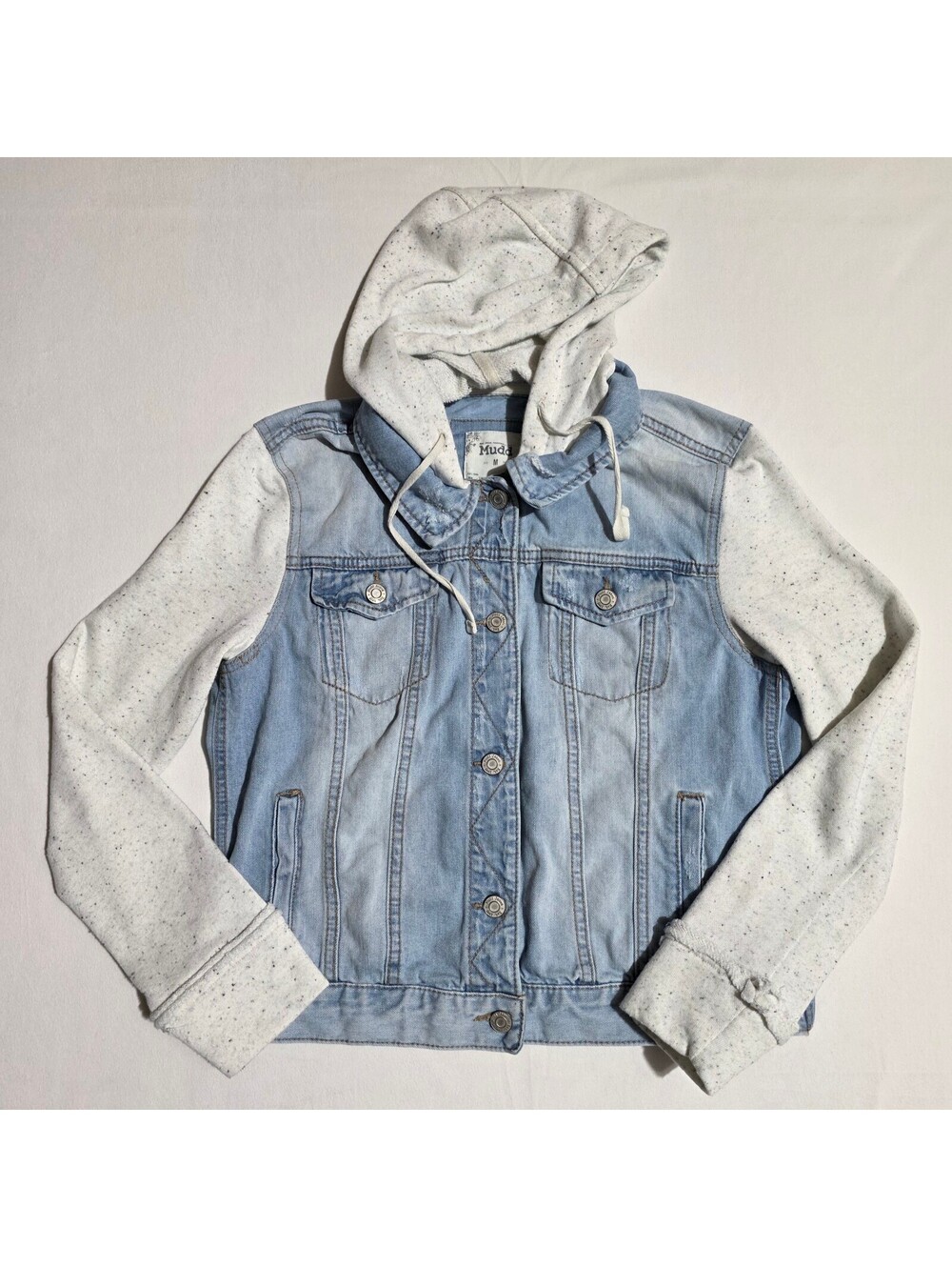 Mudd Women's Medium Denim Jacket with Hooded Sweatshirt Sleeves